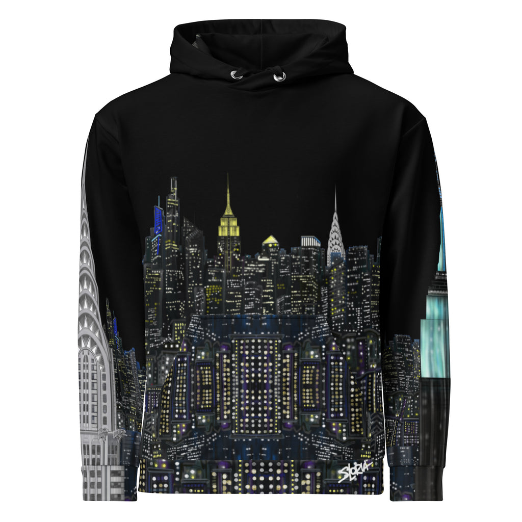 Black Loria NYC Art hoodie with cityscape design on a white background