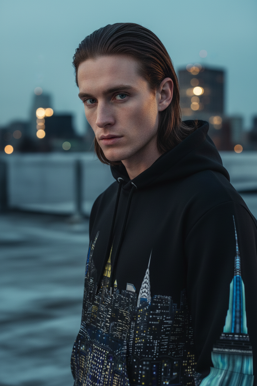 Person wearing a black hoodie with a Loria NYC Art cityscape design, standing against a blurred city skyline.