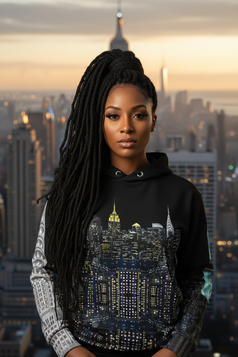 Woman wearing a black hoodie with a Loria NYC Art cityscape design, standing in front of a city skyline at sunset.