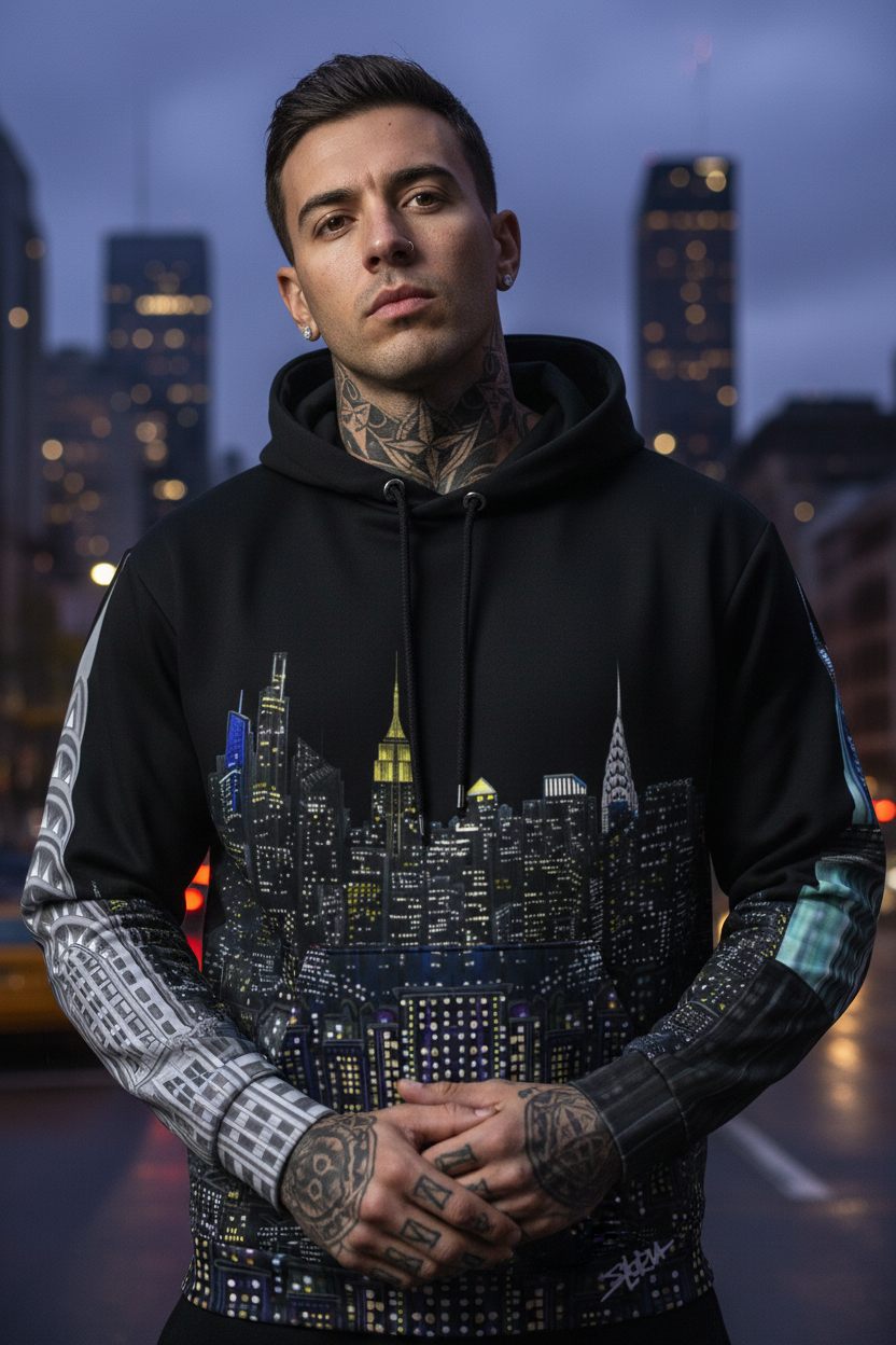 Man wearing a black hoodie with a cityscape Loria NYC Art design, standing against a blurred city skyline at night.