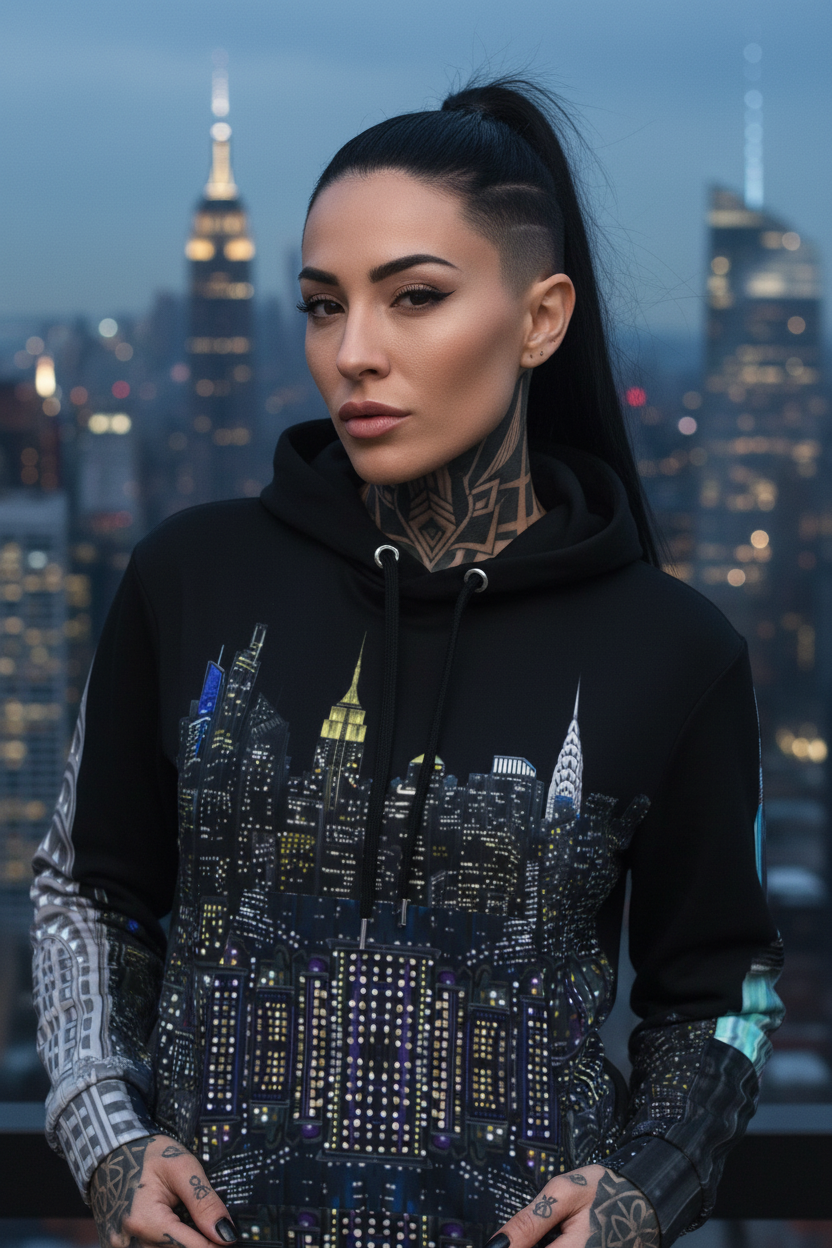 Person wearing a black hoodie with a Loria NYC Art cityscape design, standing in front of a city skyline at dusk.