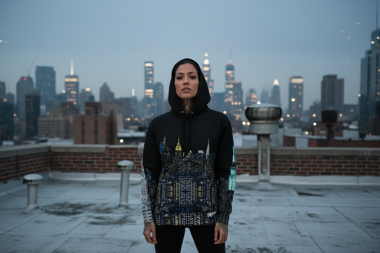 Person wearing a Loria NYC Art hoodie with a city skyline in the background