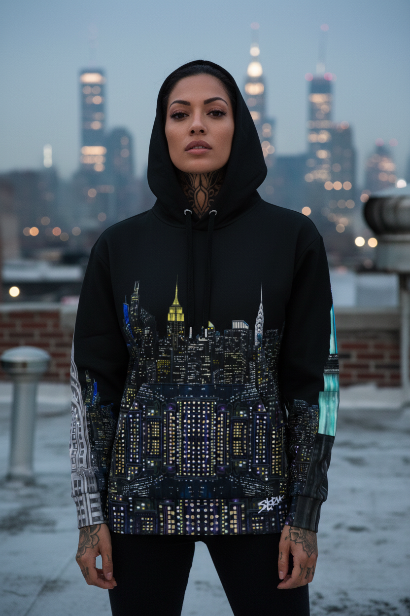Person wearing a black Loria NYC Art hoodie with a cityscape design, standing against a city skyline at dusk.