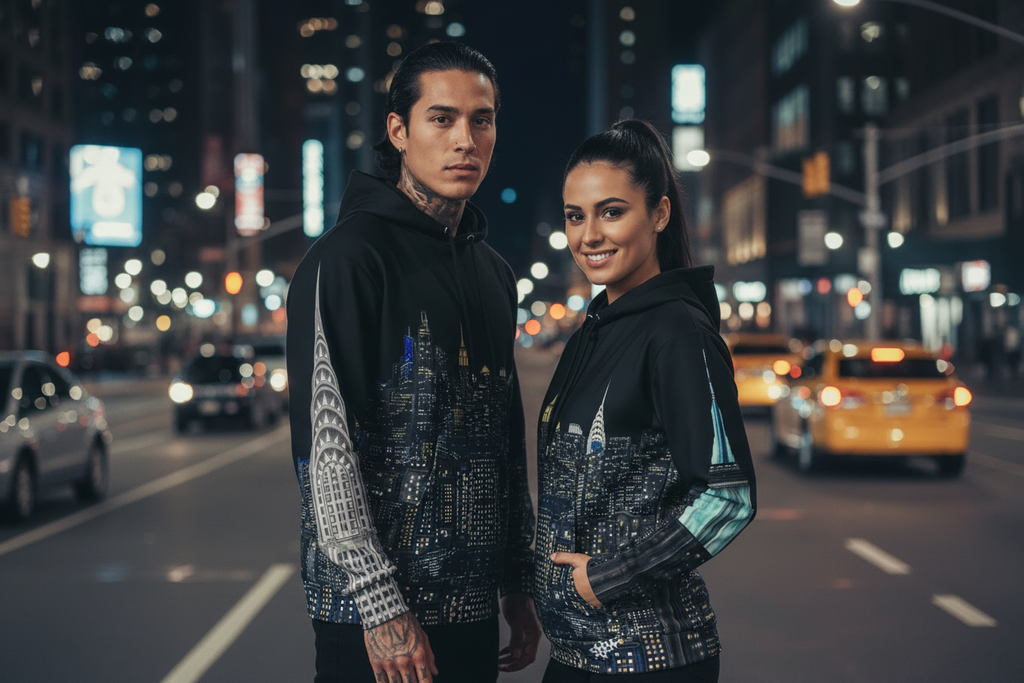 Two people in Loria NYC Art hoodies standing on a city street at night.