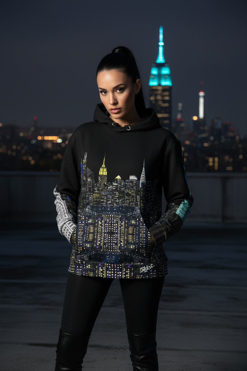 Person wearing a Loria NYC Art black hoodie with cityscape design against a dark skyline