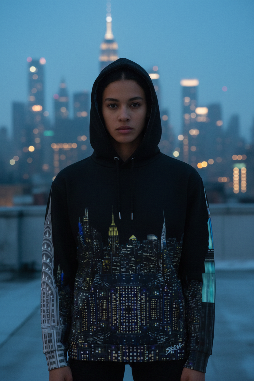 Person wearing a black hoodie with a cityscape Loria NYC Art design against a nighttime city skyline.