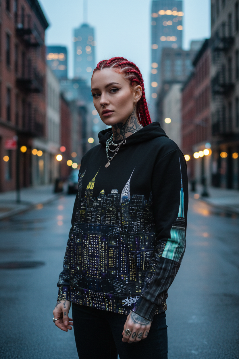 Person wearing a futuristic jacket with cityscape Loria NYC Art design on an urban street.