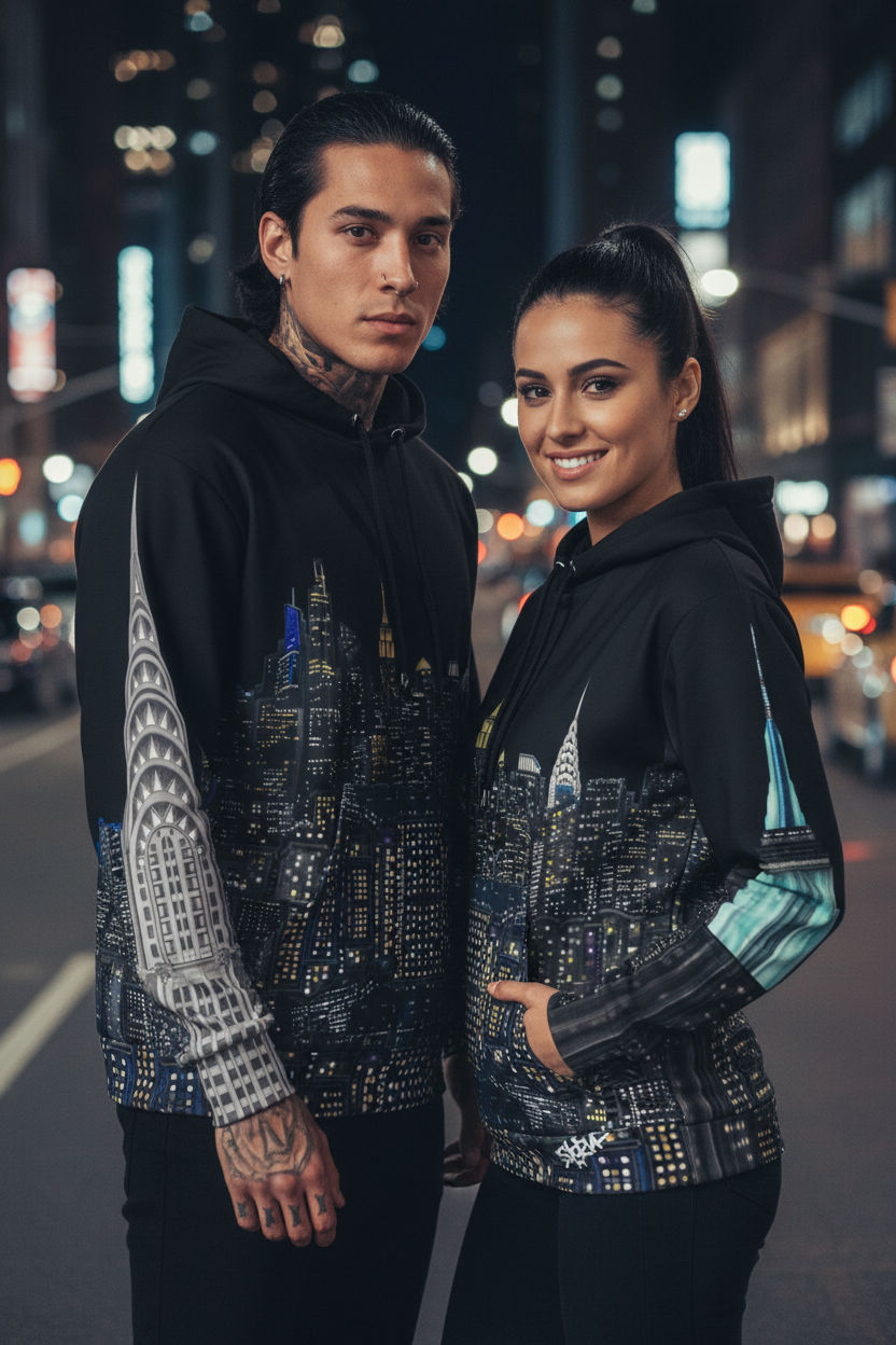 Two people wearing matching black Loria NYC Art hoodies with cityscape designs on a street at night.
