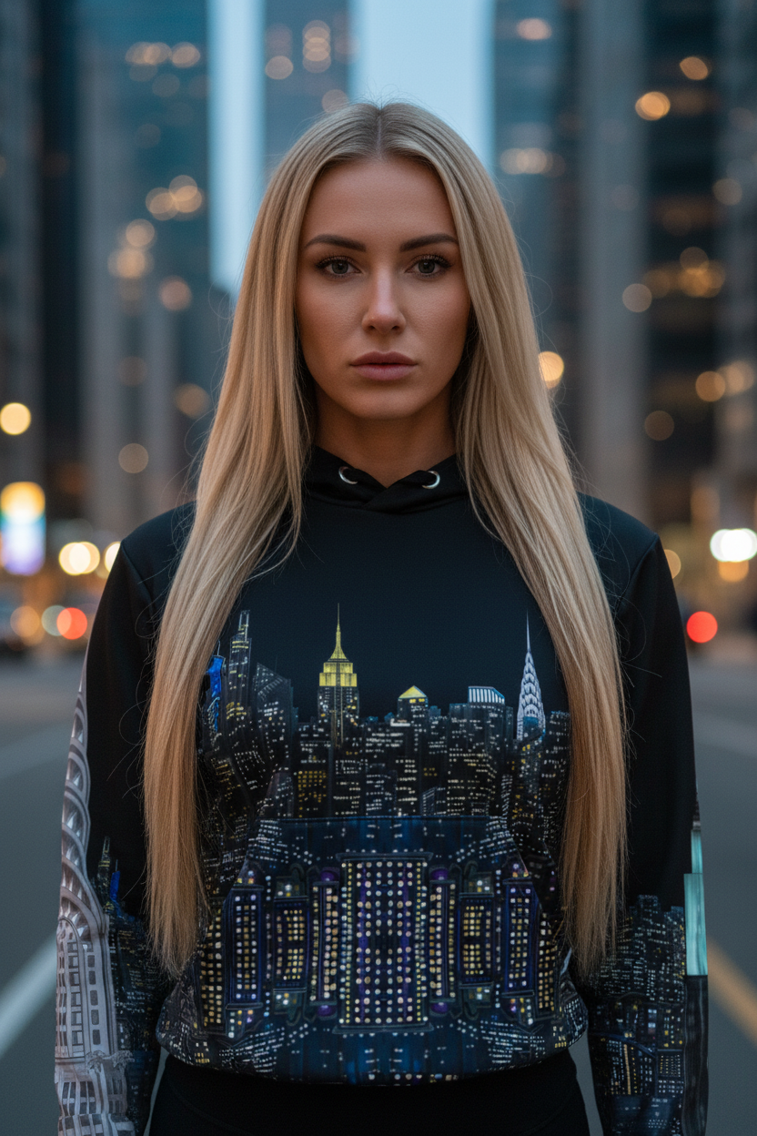 Woman wearing a black Loria NYC Art sweatshirt with a cityscape design against a blurred city street background
