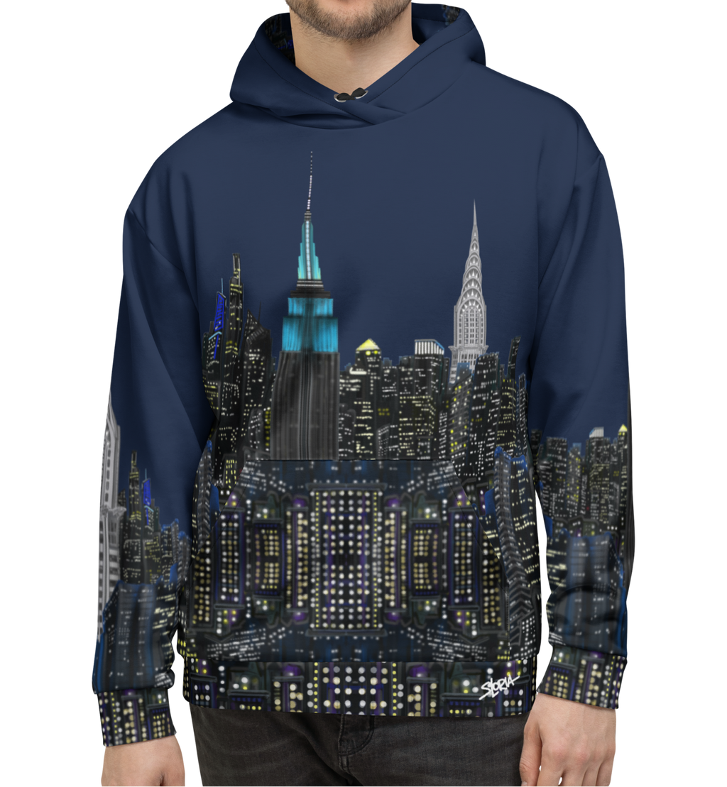 Person wearing a hoodie with a  Loria NYC Art cityscape design on a white background