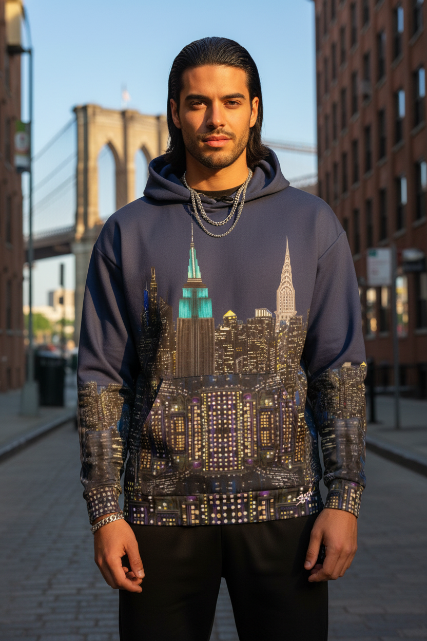 Person wearing a hoodie with a Loria NYC Art cityscape design, standing in an urban setting with a bridge in the background.