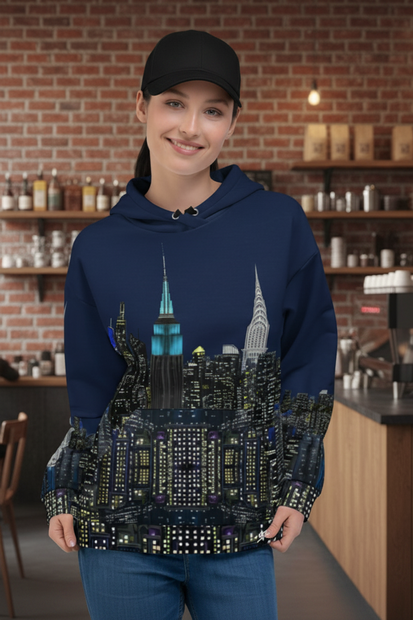 Person wearing a hoodie with a  Loria NYC Art cityscape design in a coffee shop 