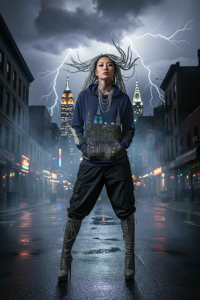 Person wearing a hoodie with Loria NYC Art cityscape design on a rain-soaked street with lightning in the background