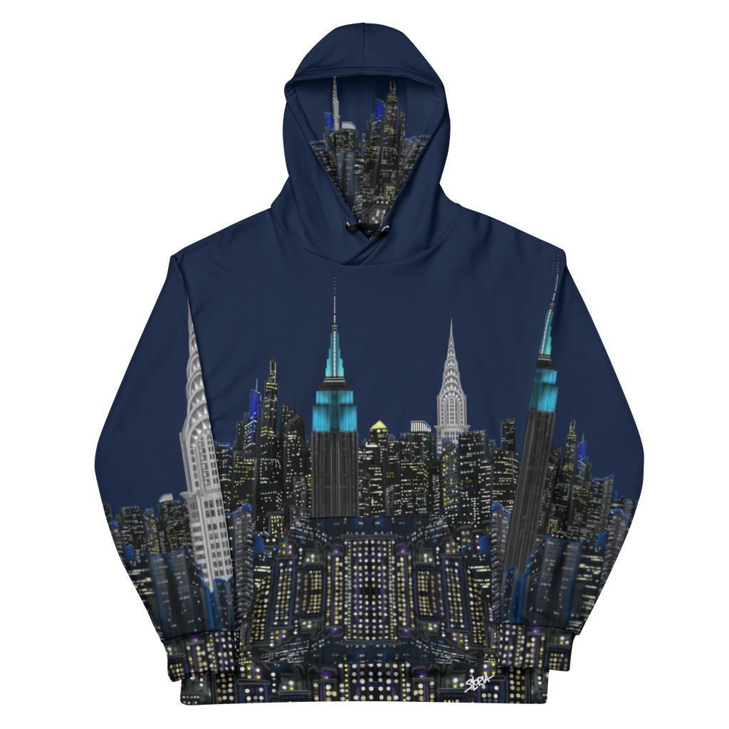 Navy blue hoodie with a Loria NYC Art cityscape design on a white background