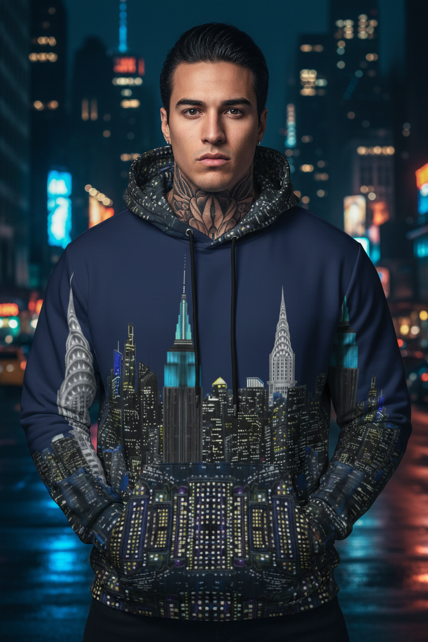 Man wearing a hoodie with a Loria NYC Art cityscape design in an urban night setting