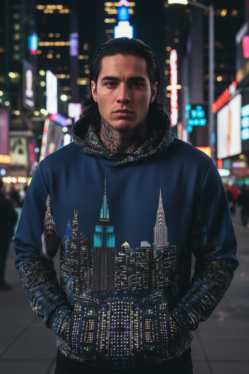 Man wearing a hoodie with a Loria NYC Art cityscape design in a neon-lit urban setting