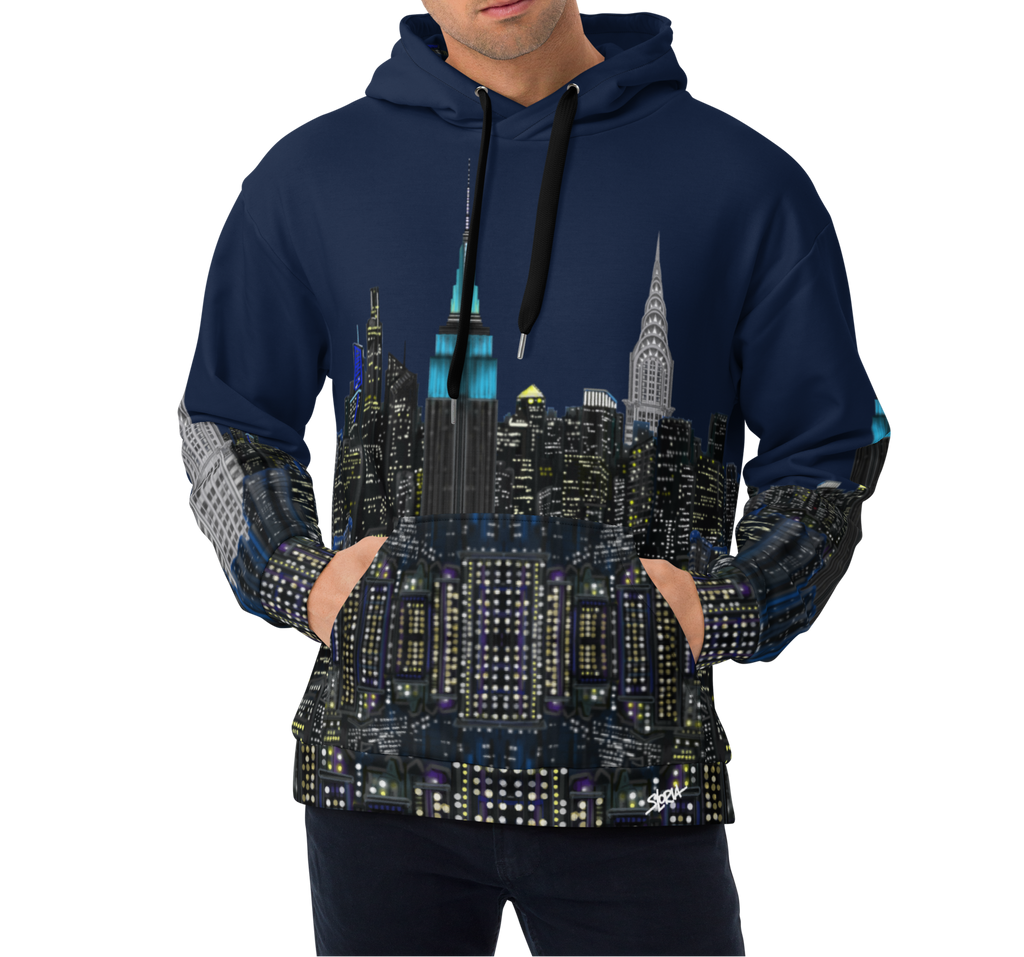 Man wearing a navy blue hoodie with a cityscape Loria NYC Artdesign on a white background