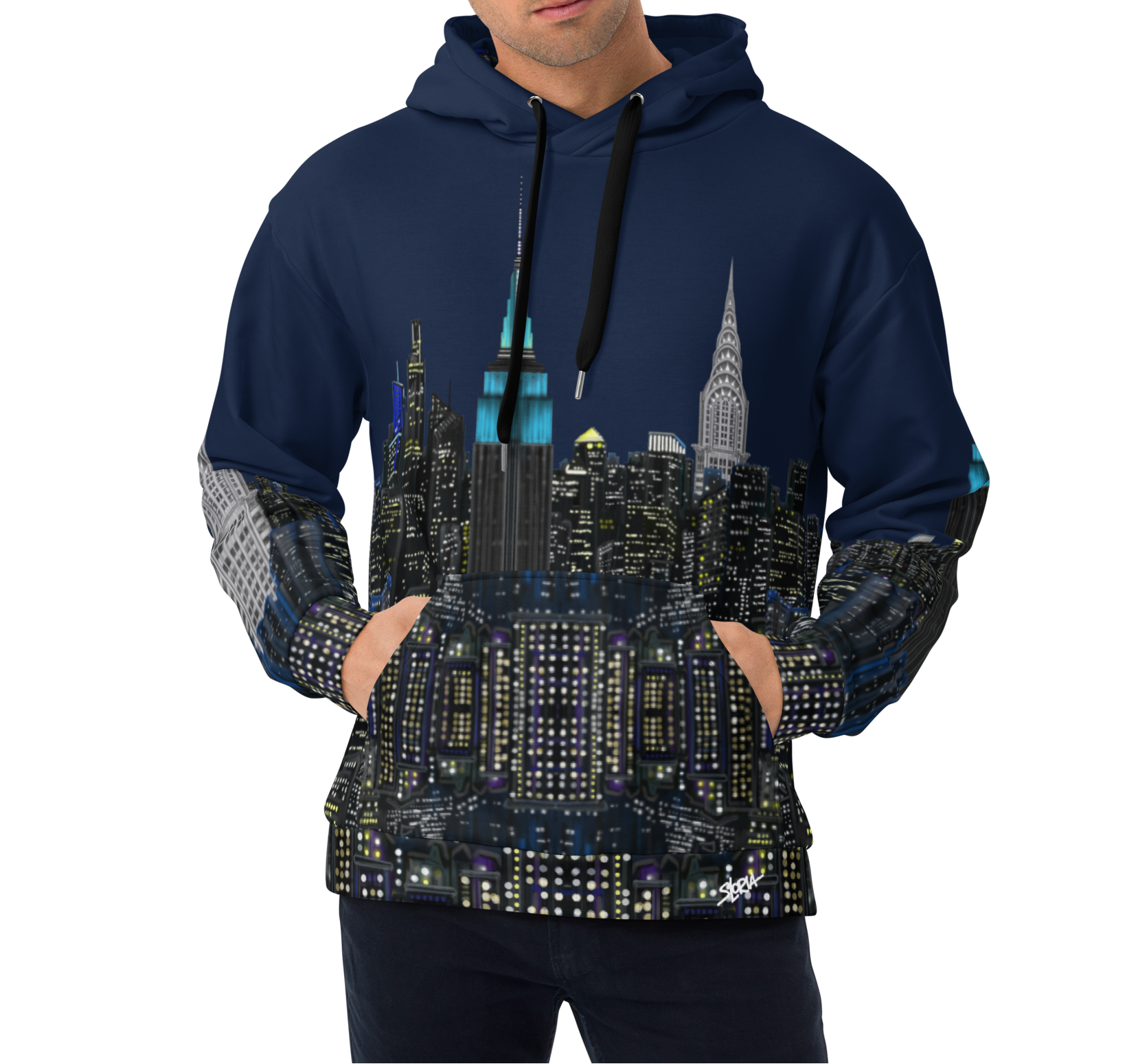 Man wearing a navy blue hoodie with a cityscape Loria NYC Artdesign on a white background