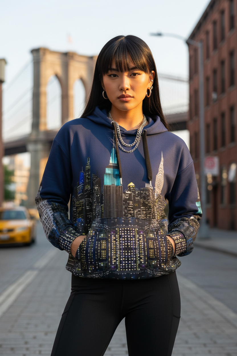 Woman wearing a Loria NYC Art hoodie with a cityscape design in an urban setting with a bridge in the background