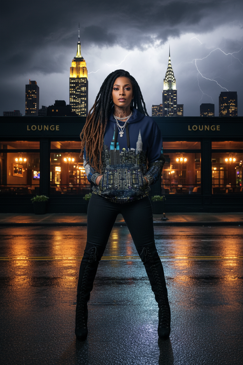 Person standing in front of a city skyline wearing a Loria NYC Art blue hoodie with lightning in the background