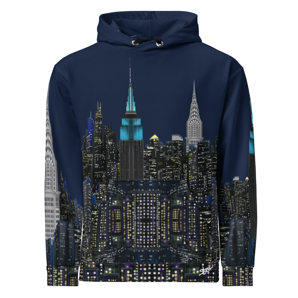 Navy blue hoodie with a cityscape Loria NYC Art design on a white background