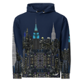 Navy blue hoodie with a cityscape Loria NYC Art design on a white background