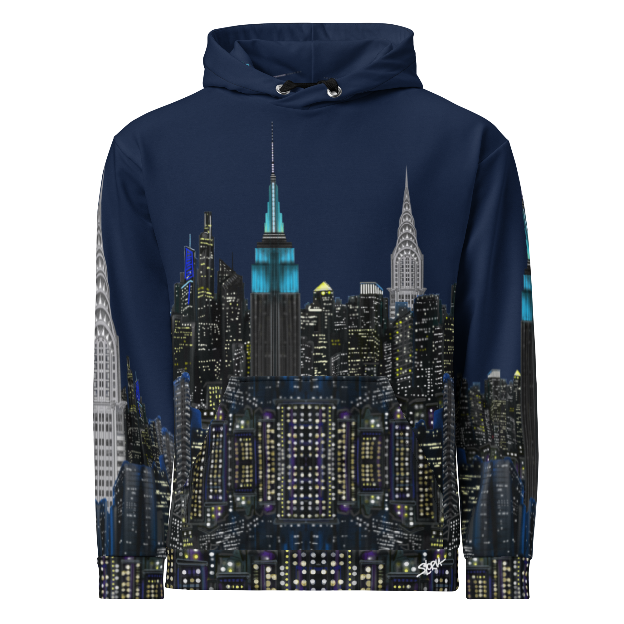 Navy blue hoodie with a cityscape Loria NYC Art design on a white background