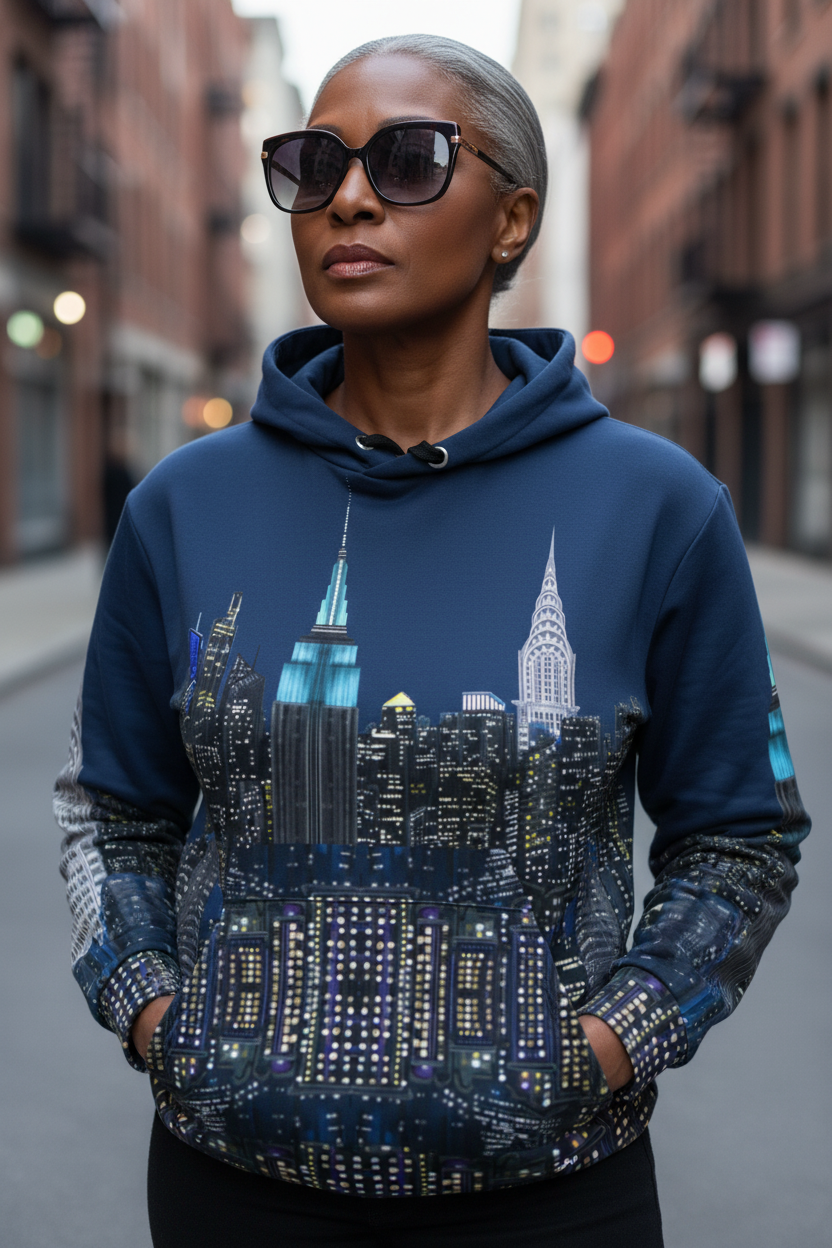 Person wearing a blue Loria NYC Art hoodie with a cityscape design on a street.