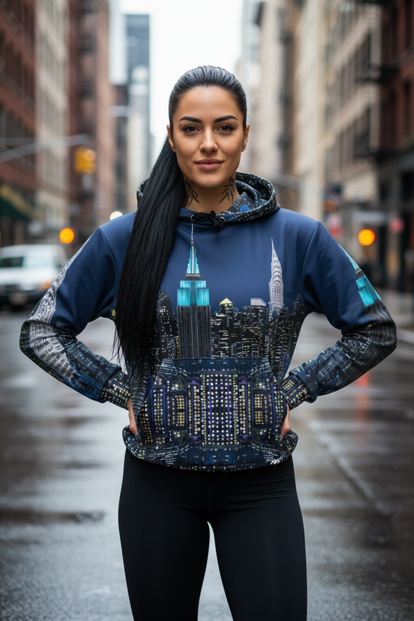 Woman wearing a hoodie with a Loria NYC Art cityscape design on a city street.