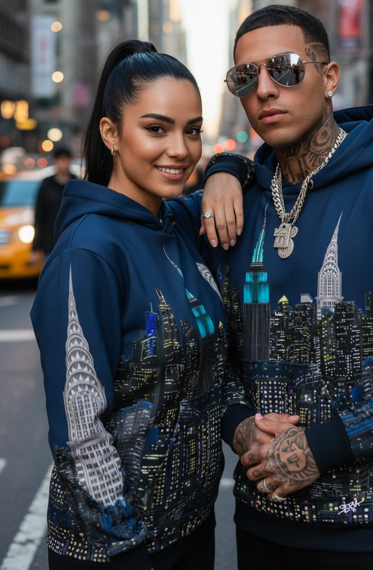 Two people wearing matching blue hoodies with cityscape Loria NYC Art design on a city street.