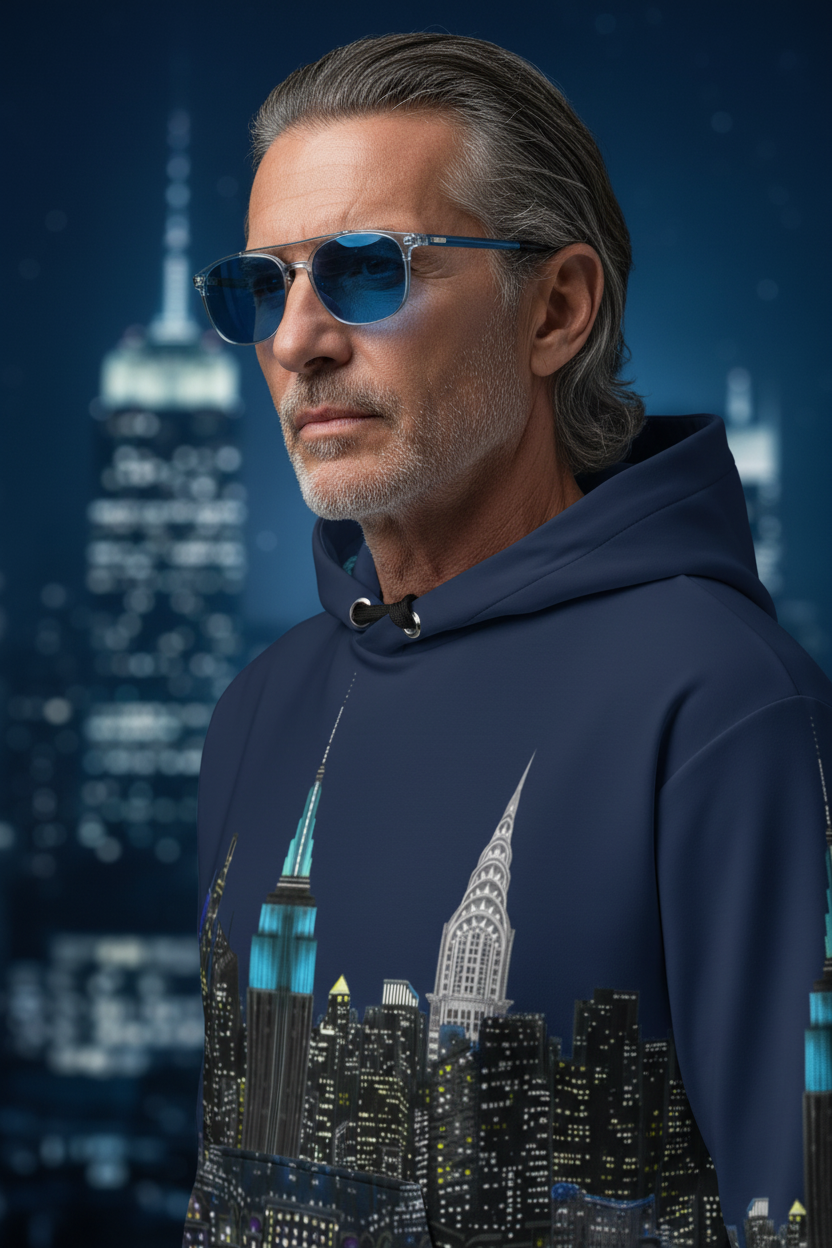 Man wearing a hoodie with a Loria NYC Art cityscape design against a dark blue background