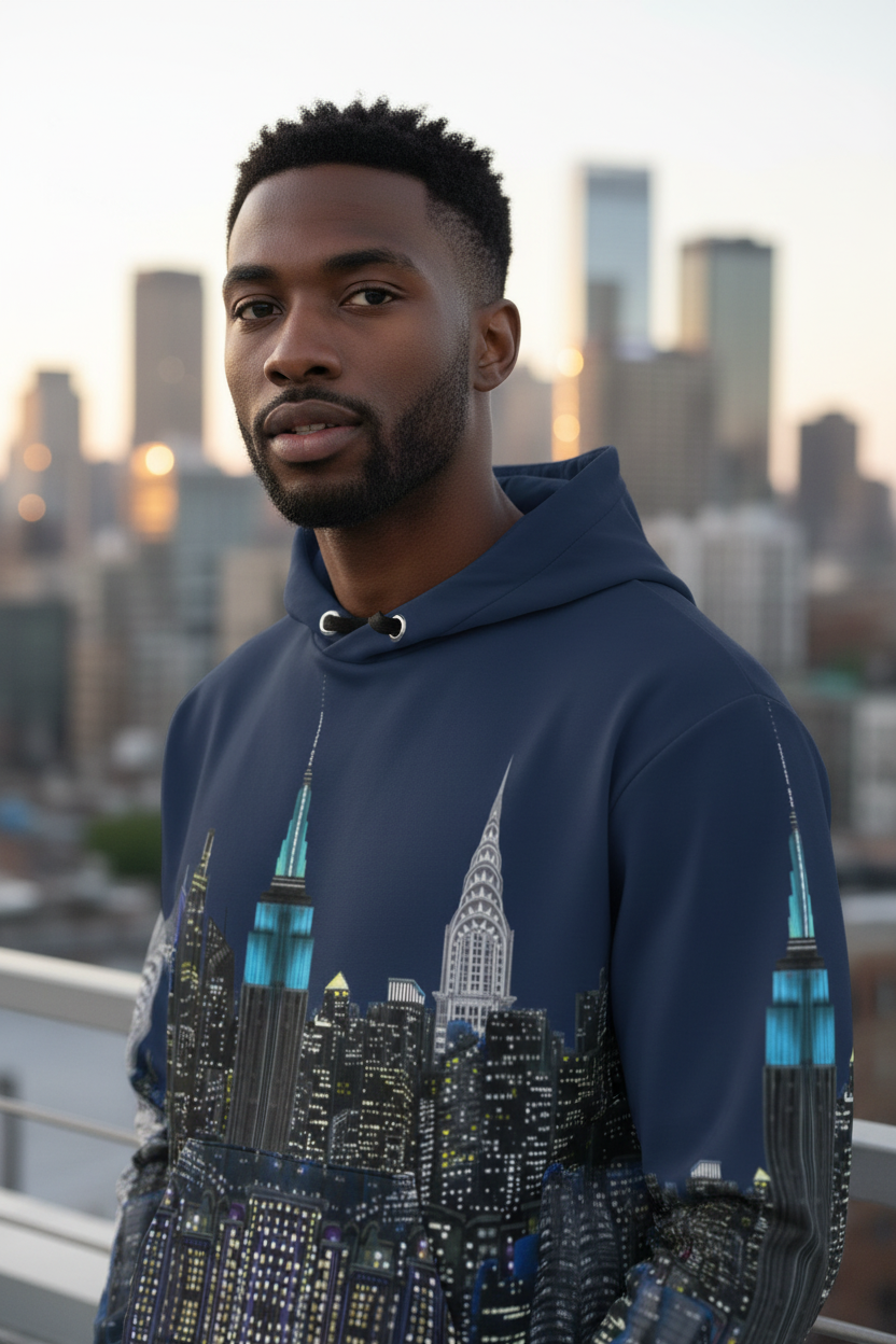 Man wearing a blue hoodie with a cityscape Loria NYC Art design, standing in front of a city skyline.