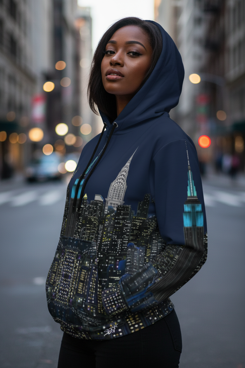 Person wearing a blue hoodie with cityscape Loria NYC Art design on a city street