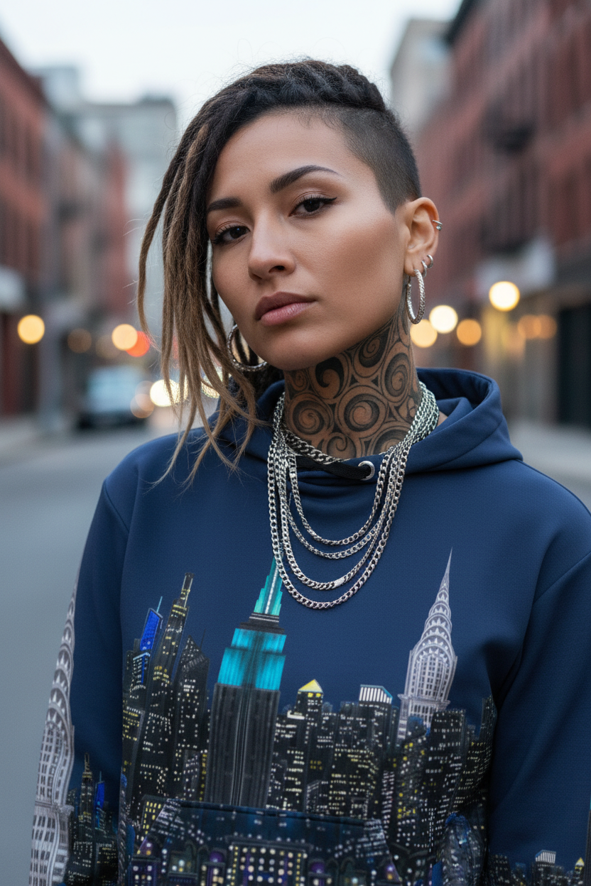 Woman wearing a blue Loria NYC Art hoodie with a cityscape design on a street.