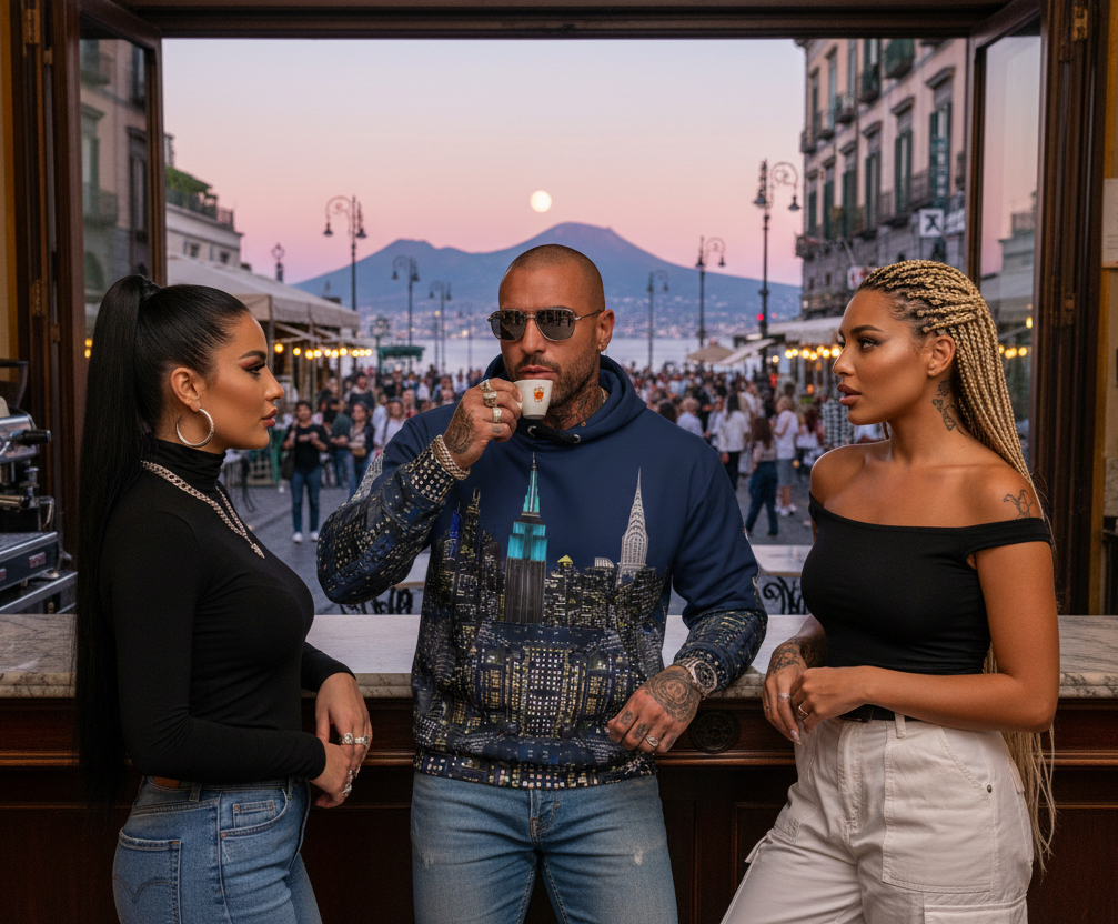 Man wearing a Loria NYC Art hoodie standing in a bar with a cityscape and sunset in the background