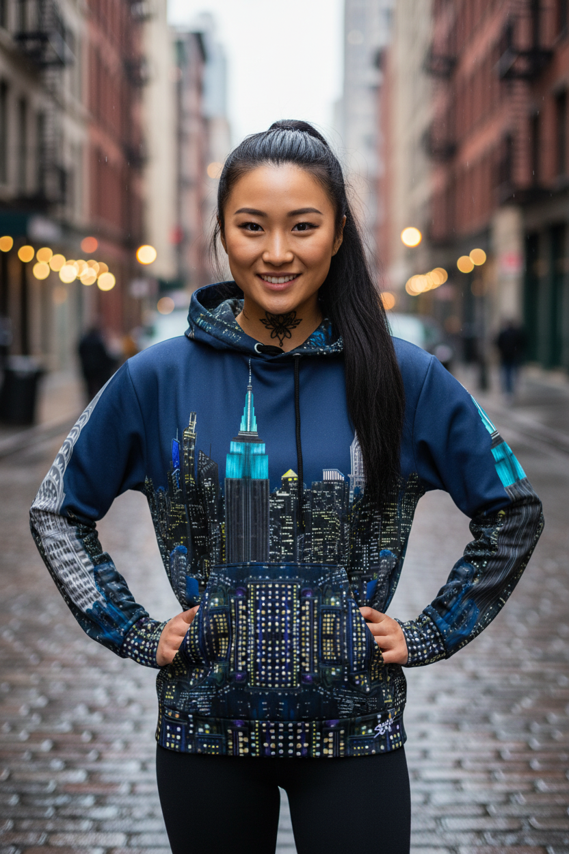 Woman wearing a hoodie with a Loria NYC Art cityscape design on a city street