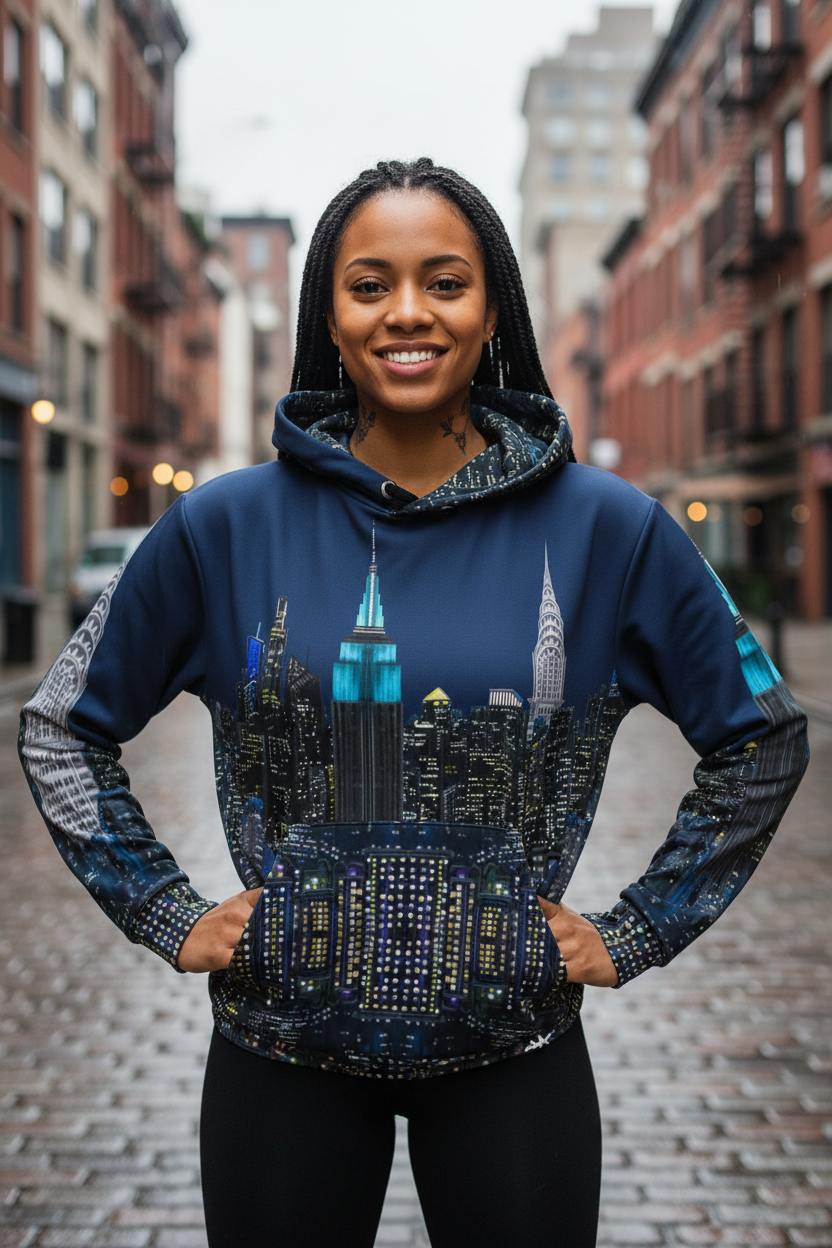 Person wearing a hoodie with a Loria NYC Art cityscape design on a street.