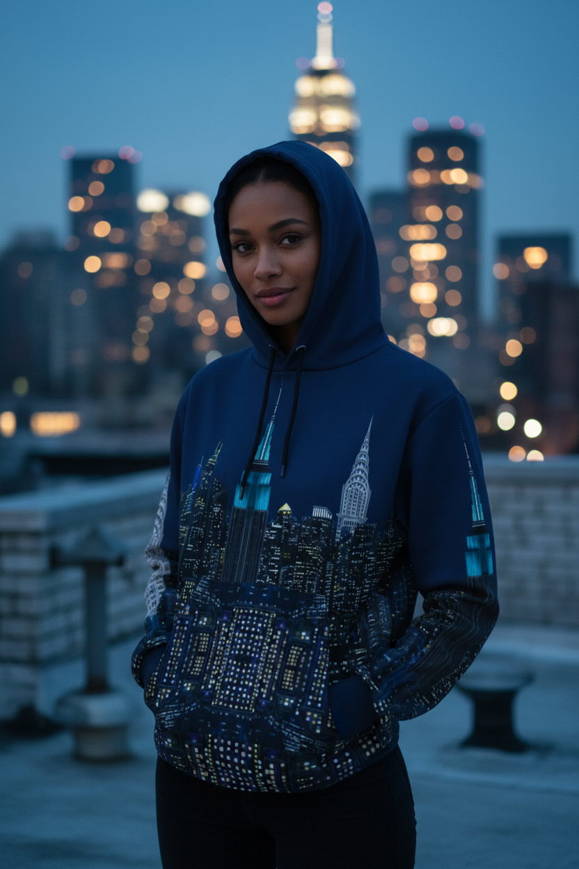 Person wearing a blue Loria NYC Art hoodie with a cityscape design against a nighttime city skyline.
