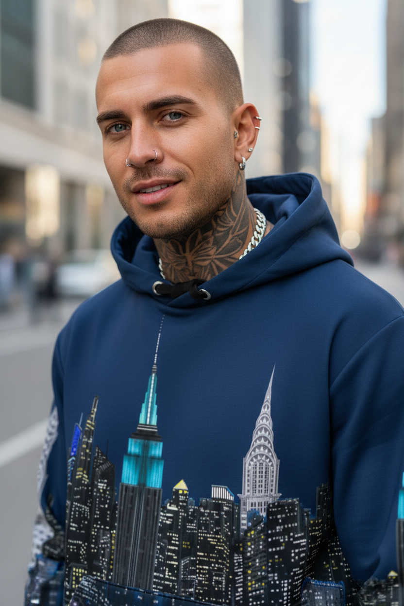 Man wearing a blue hoodie with a Loria NYC Art cityscape design on a city street