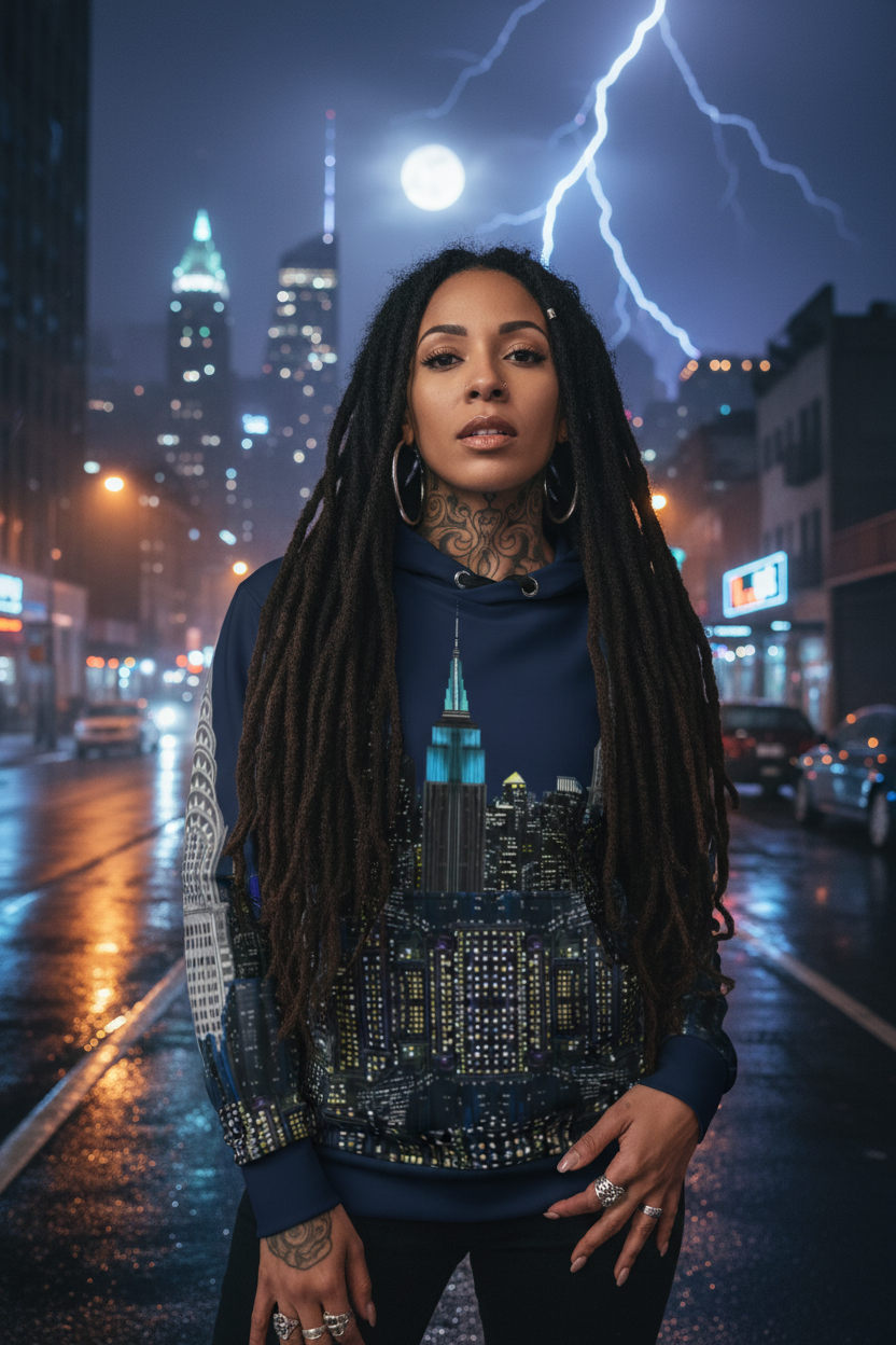 Person wearing a hoodie with a Loria NYC Art cityscape design on a rainy street with lightning in the background