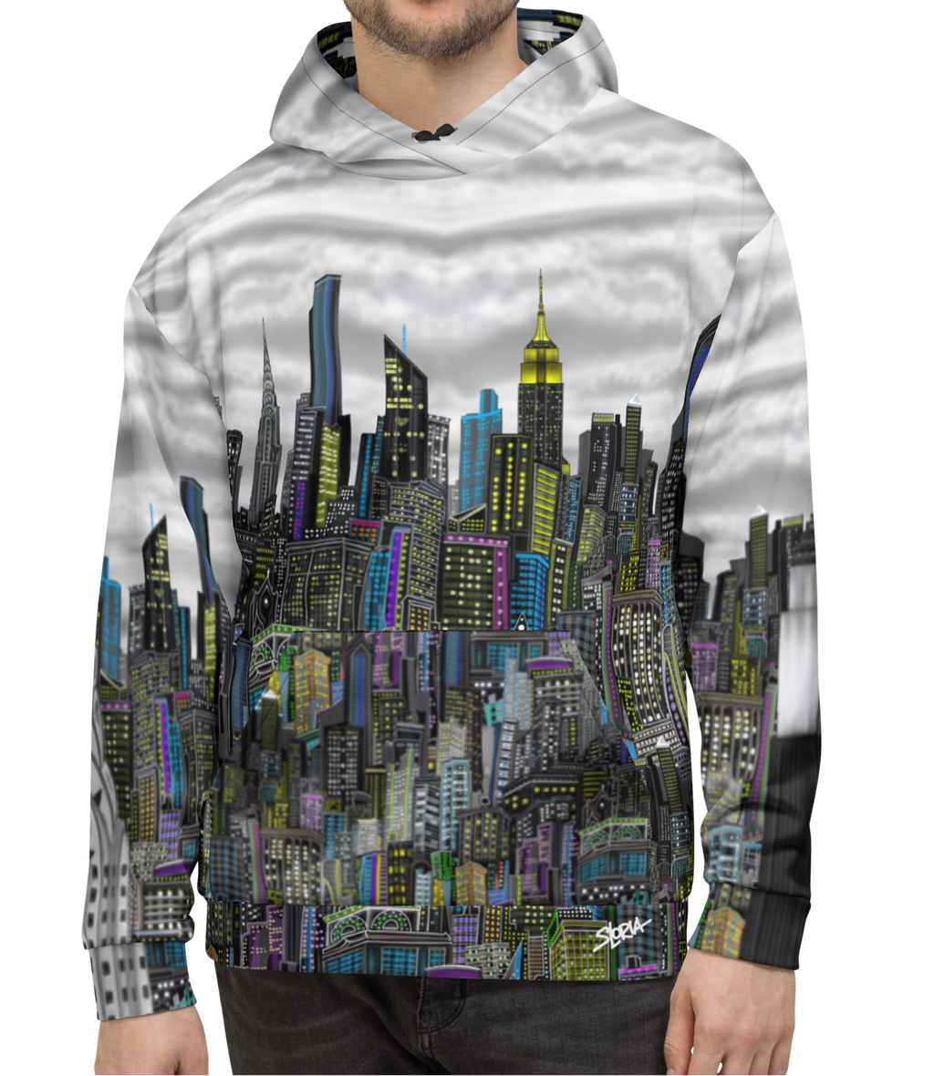 Person wearing a hoodie with a Loria NYC Art cityscape design on a white background