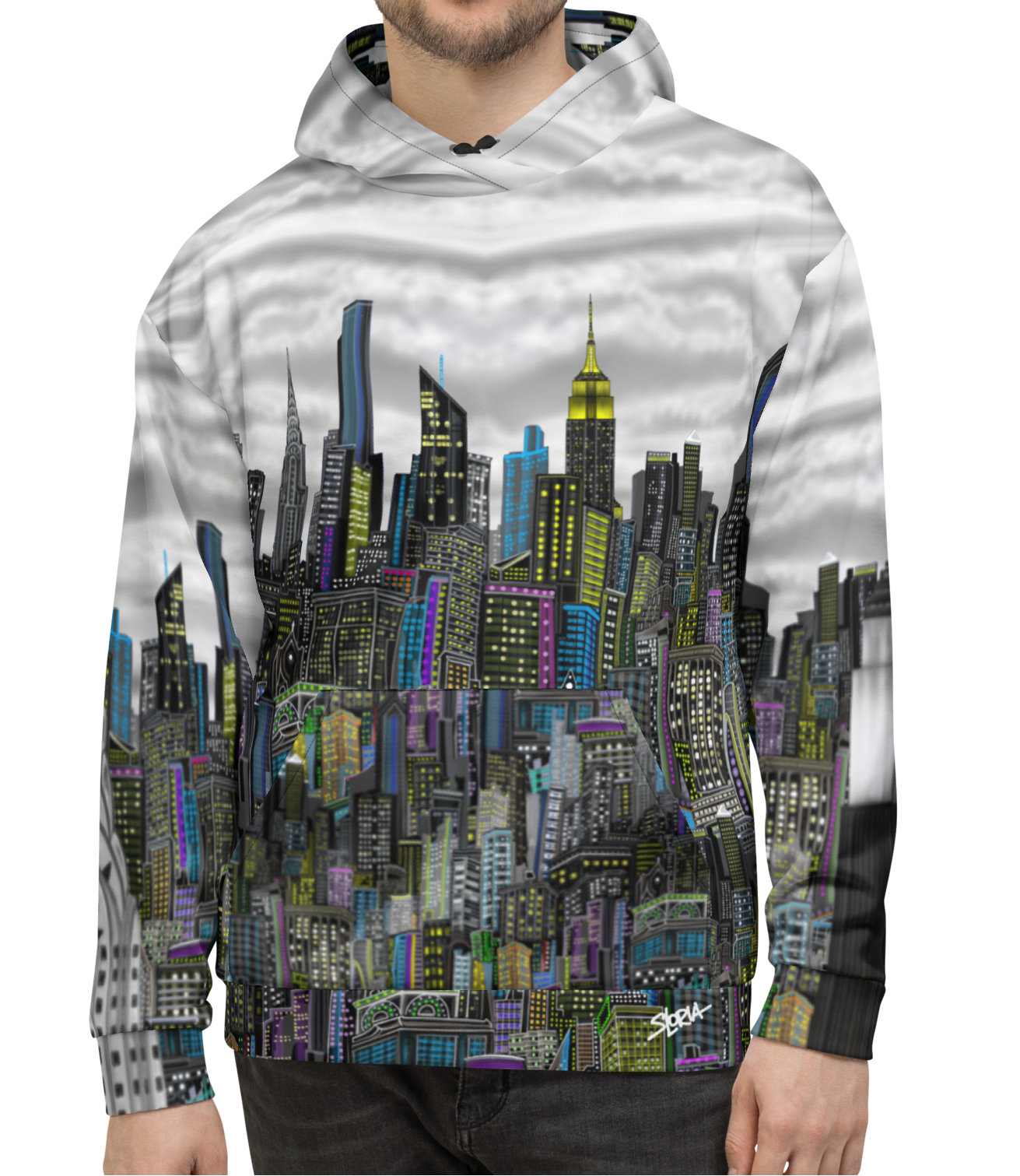 Person wearing a hoodie with a Loria NYC Art cityscape design on a white background