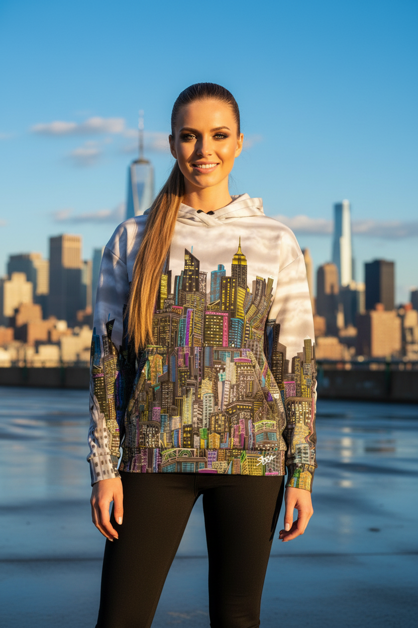 Woman wearing a colorful Loria NYC Art cityscape hoodie with a city skyline in the background