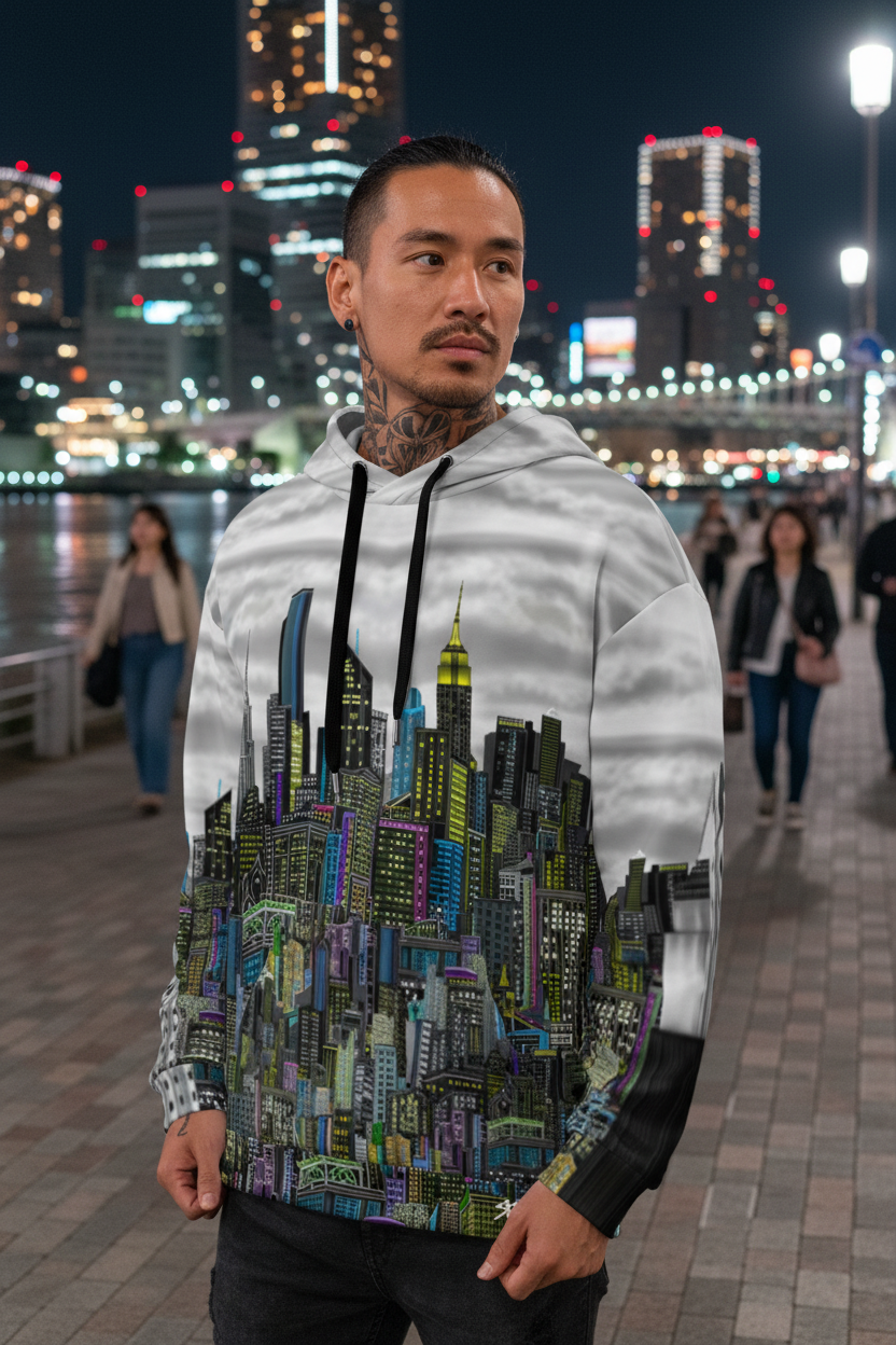 Person wearing a hoodie with a cityscape design in a night time setting 