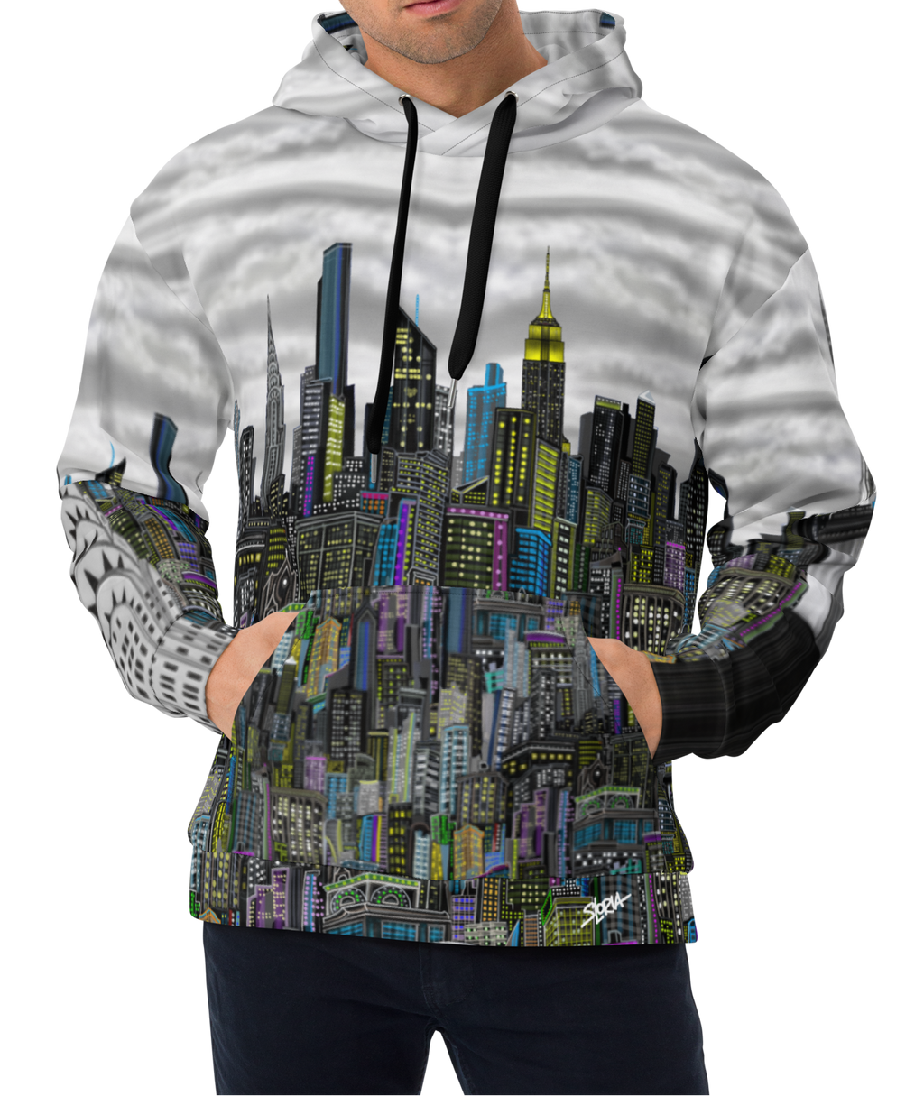 Front of Person wearing a Loria NYC Art hoodie with a cityscape design on a white background