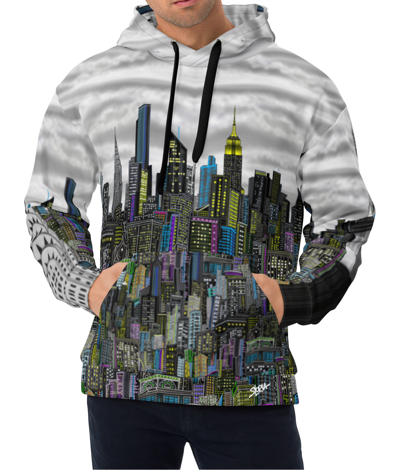 Front of Person wearing a Loria NYC Art hoodie with a cityscape design on a white background