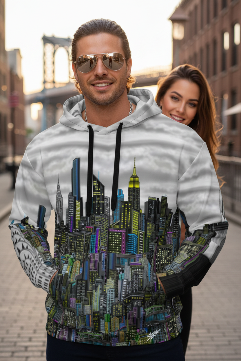 Man wearing a hoodie with a Loria NYC Art cityscape design in an urban setting
