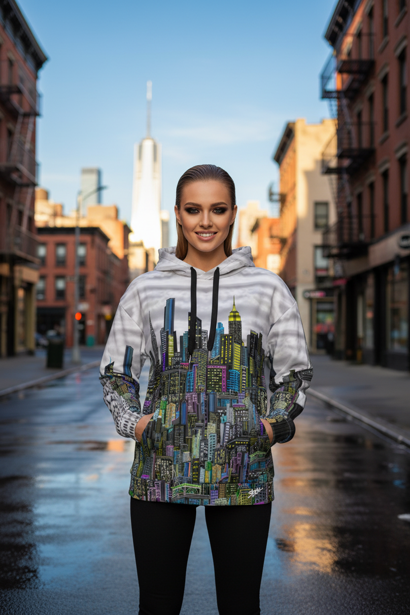 Person wearing a hoodie with a cityscape Loria NYC Art design on a city street.