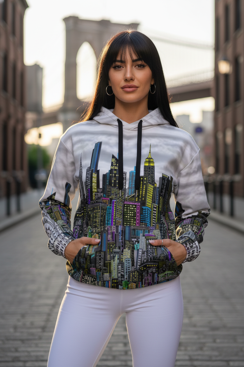Woman wearing a hoodie with cityscape Loria NYC Art design in an urban setting
