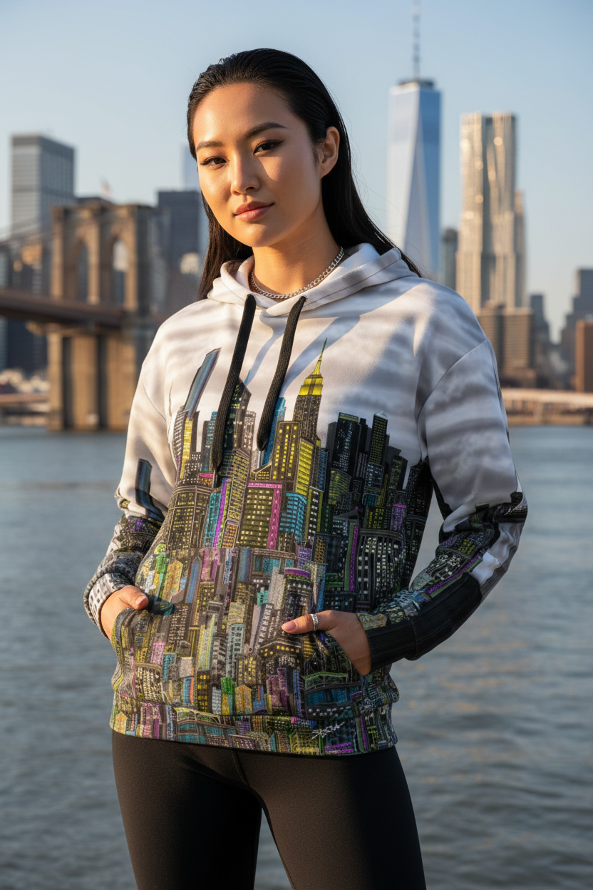 Person wearing a hoodie with a cityscape Loria NYC Art design in front of a waterfront and skyline.